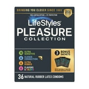 LifeStyles Pleasure Collection Assorted Lubricated Natural Latex Condoms, 36 Count, 3 Bonus Personal Lubricant Sachets, Triple Tested (Pack of 1)​