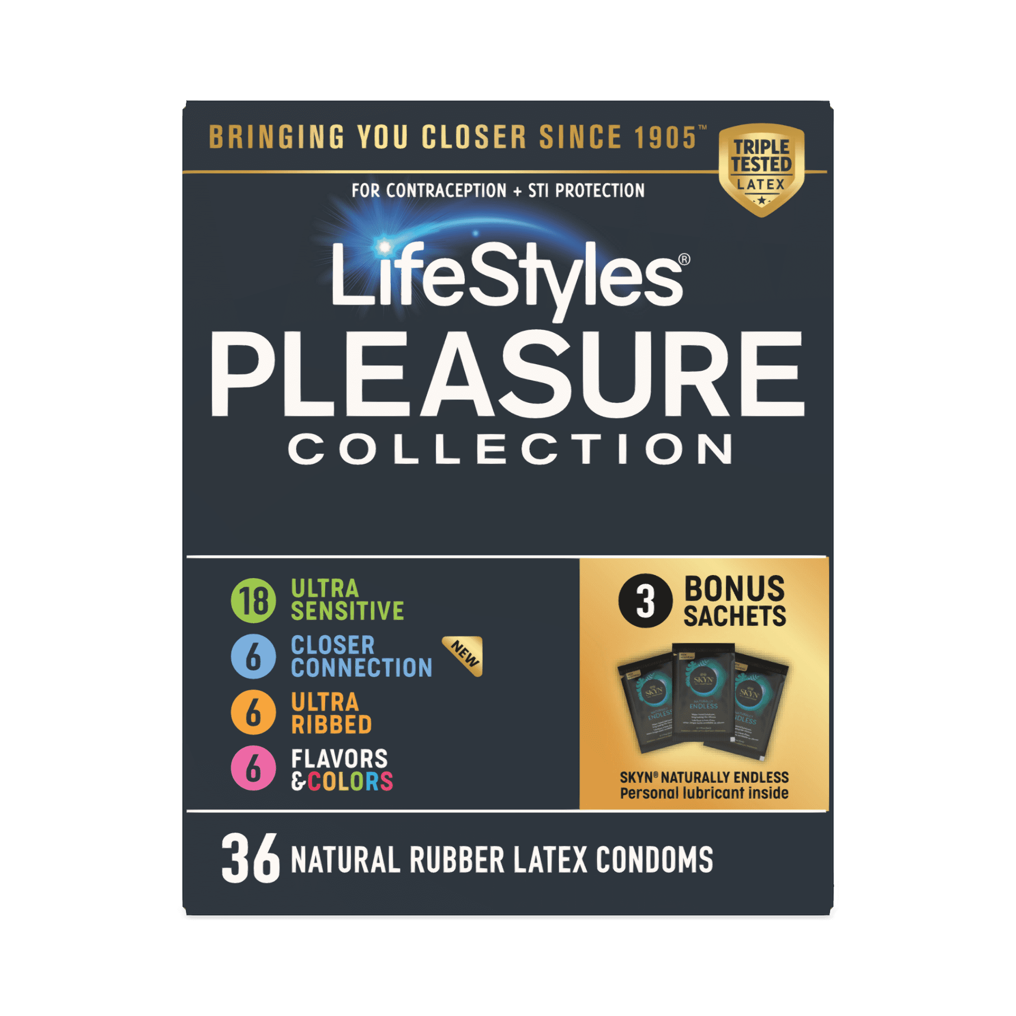 LifeStyles, Pleasure Collection Latex Condom with Bonus Lube, 36 Count