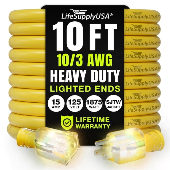 LifeSupplyUSA 10FT Yellow Extension Cord 10/3 Gauge, Heavy Duty 3 Prong Power Cord, Waterproof, Flexible, SJTW, 15A 125V 1875W - For Indoor/Outdoor