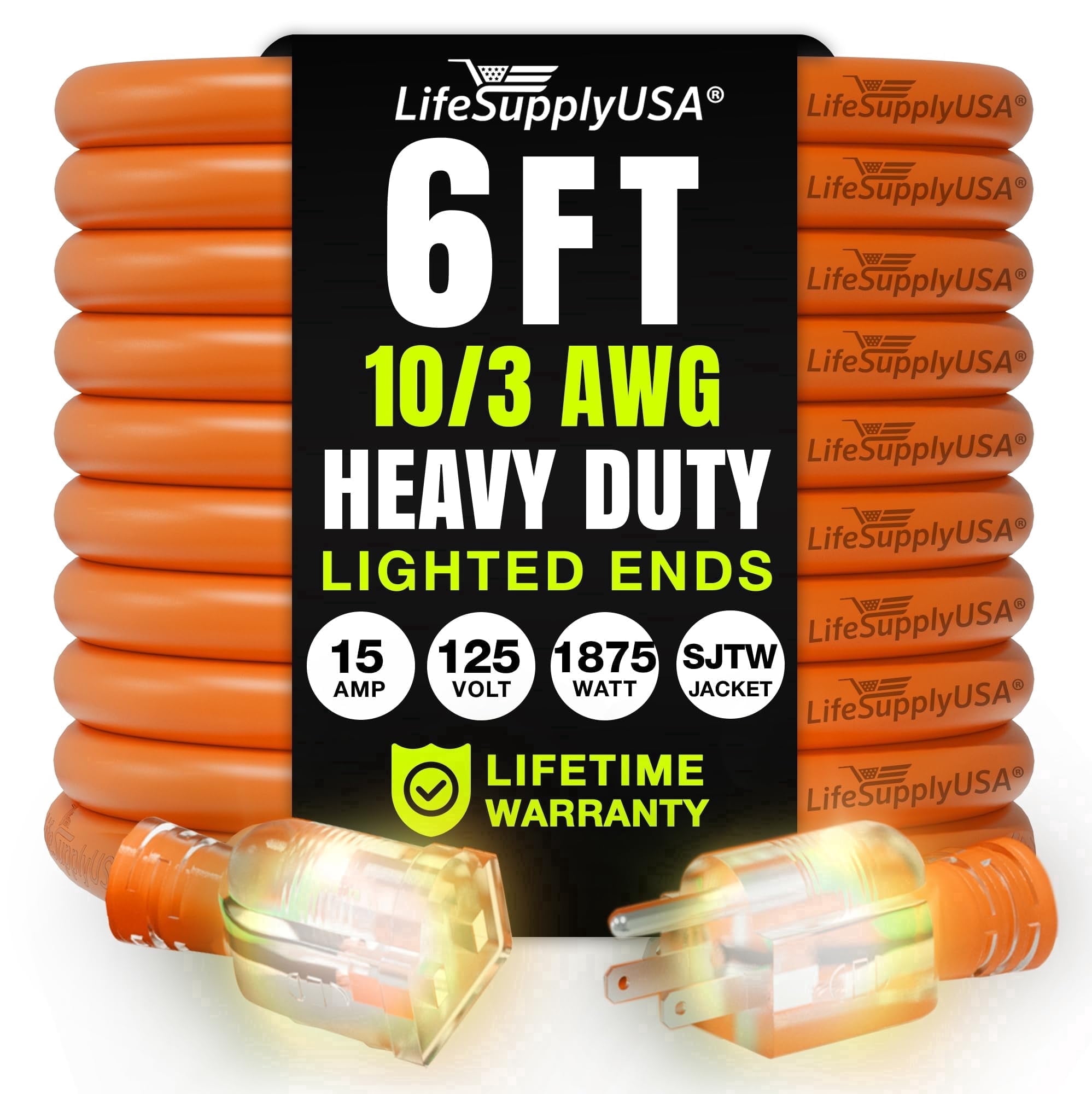 6ft Power Outdoor Extension Cord & Indoor - Waterproof Electric Drop Cord Cable - 3 Prong SJTW, 10 Gauge, 15 AMP, 125 Volts, 1875 Watts, 10/3 by LifeSupplyUSA - Orange (1 Pack)