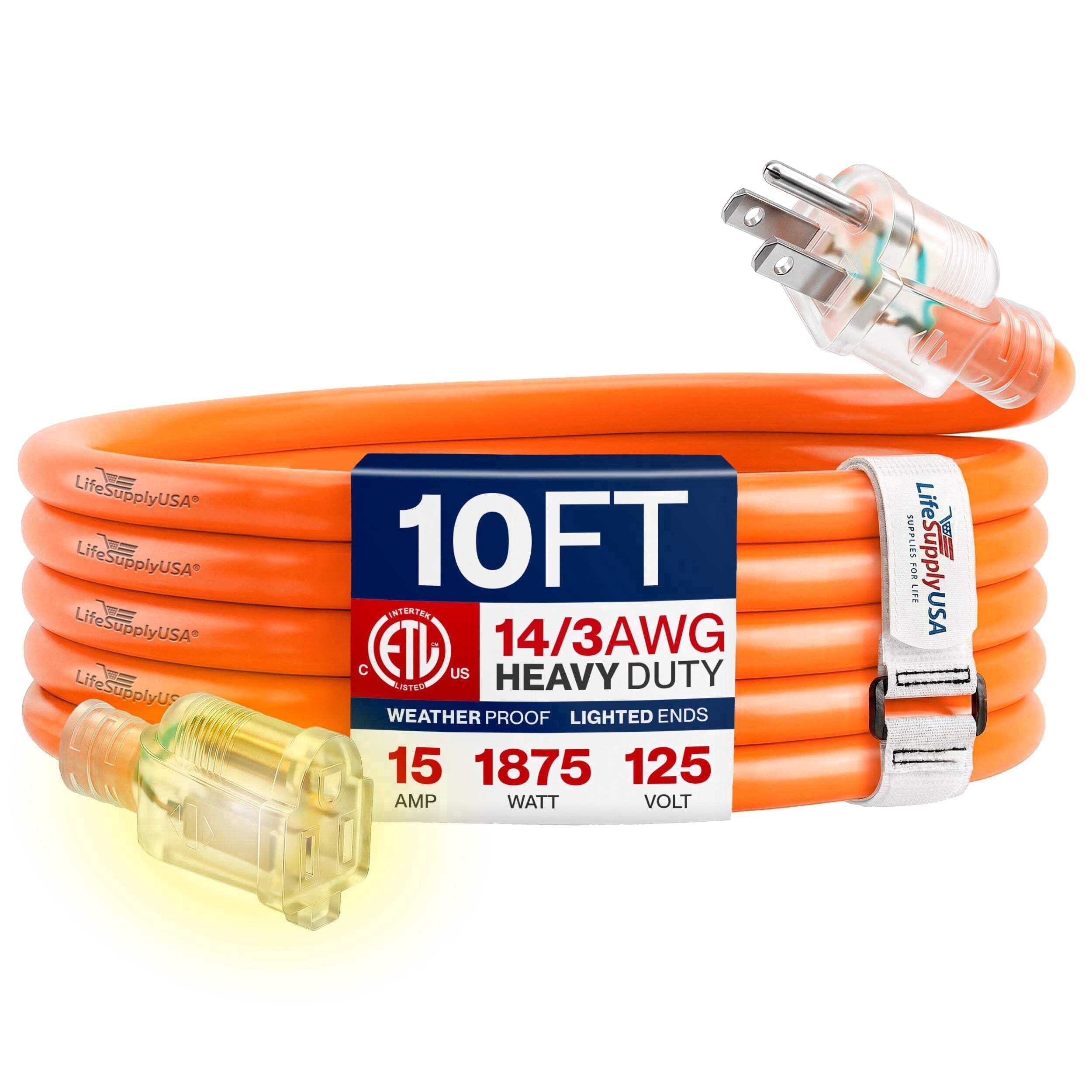 LifeSupplyUSA 10ft 14 Gauge Orange 3 Prong SJTW Heavy Duty Extension Cord