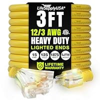 3ft Outdoor/Indoor Extension Cord 3-Outlet 12/3 Gauge Extra Heavy Duty ETL Listed, 3 Prong SJTW, Waterproof, Flexible Cold-Resistant Long Power Cord,125 Amp 1875W, Yellow by LifeSupplyUSA