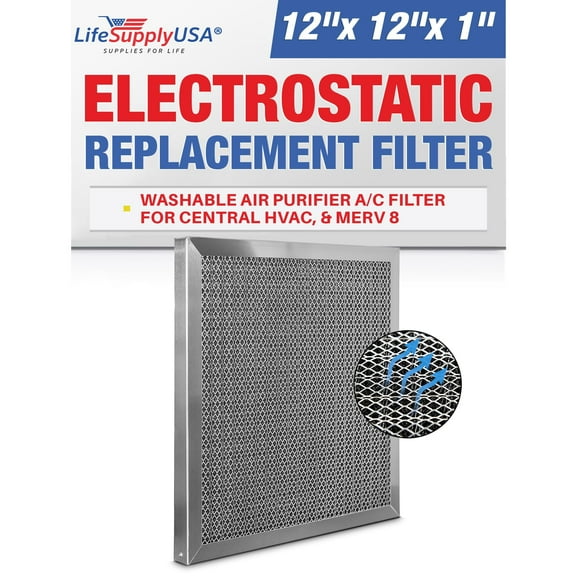 LifeSupplyUSA 12x12x1 Electrostatic Air Filter, MERV 8, Washable, Reusable Furnace AC/HVAC Filter, Energy Saving, Easy to Clean, Long-Lasting