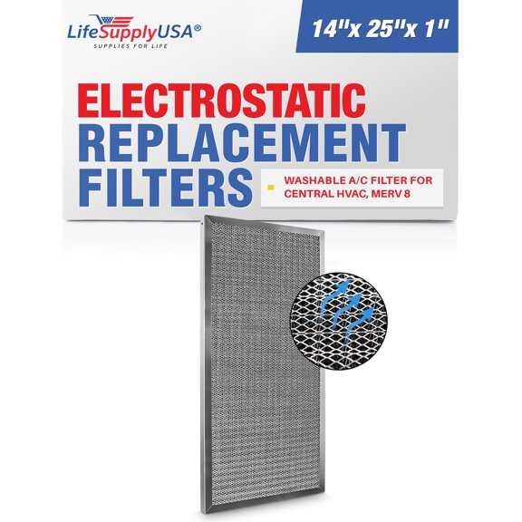 LifeSupplyUSA 14x25x1 Electrostatic Air Filter, MERV 8, Washable, Reusable Furnace AC/HVAC Filter, Energy Saving, Easy to Clean, Long-Lasting