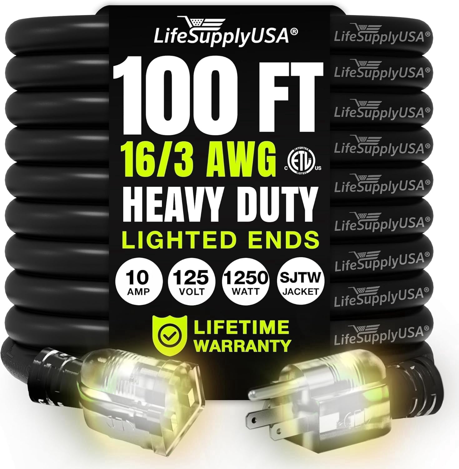 LifeSupplyUSA 16 Gauge 100 ft Black 3 Outlets SJTW Extension Cord