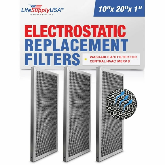 LifeSupplyUSA (18x20x1) Aluminum Electrostatic Air Filter Replacement Washable Air Purifier A/C Filter for Central HVAC, MERV 8, Energy Saving, Easy to Clean, Long-Lasting (3-Pack)
