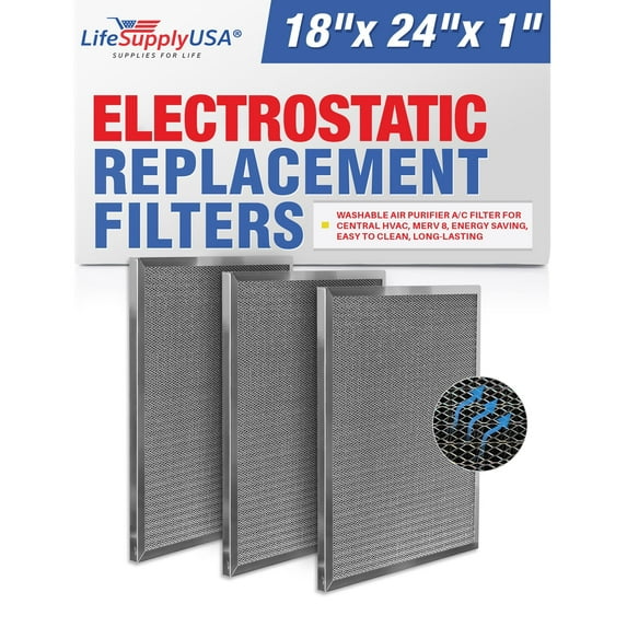 LifeSupplyUSA (18x24x1) Aluminum Electrostatic Air Filter Replacement Washable Air Purifier A/C Filter for Central HVAC, MERV 8, Energy Saving, Easy to Clean, Long-Lasting (3-Pack)
