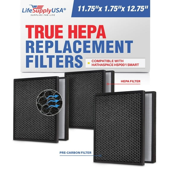 LifeSupplyUSA 2-in-1 True HEPA Air Cleaner Replacement Filter + Activated Carbon Charcoal Compatible with Hathaspace HSP001 Smart Air Purifiers (3-Pack)