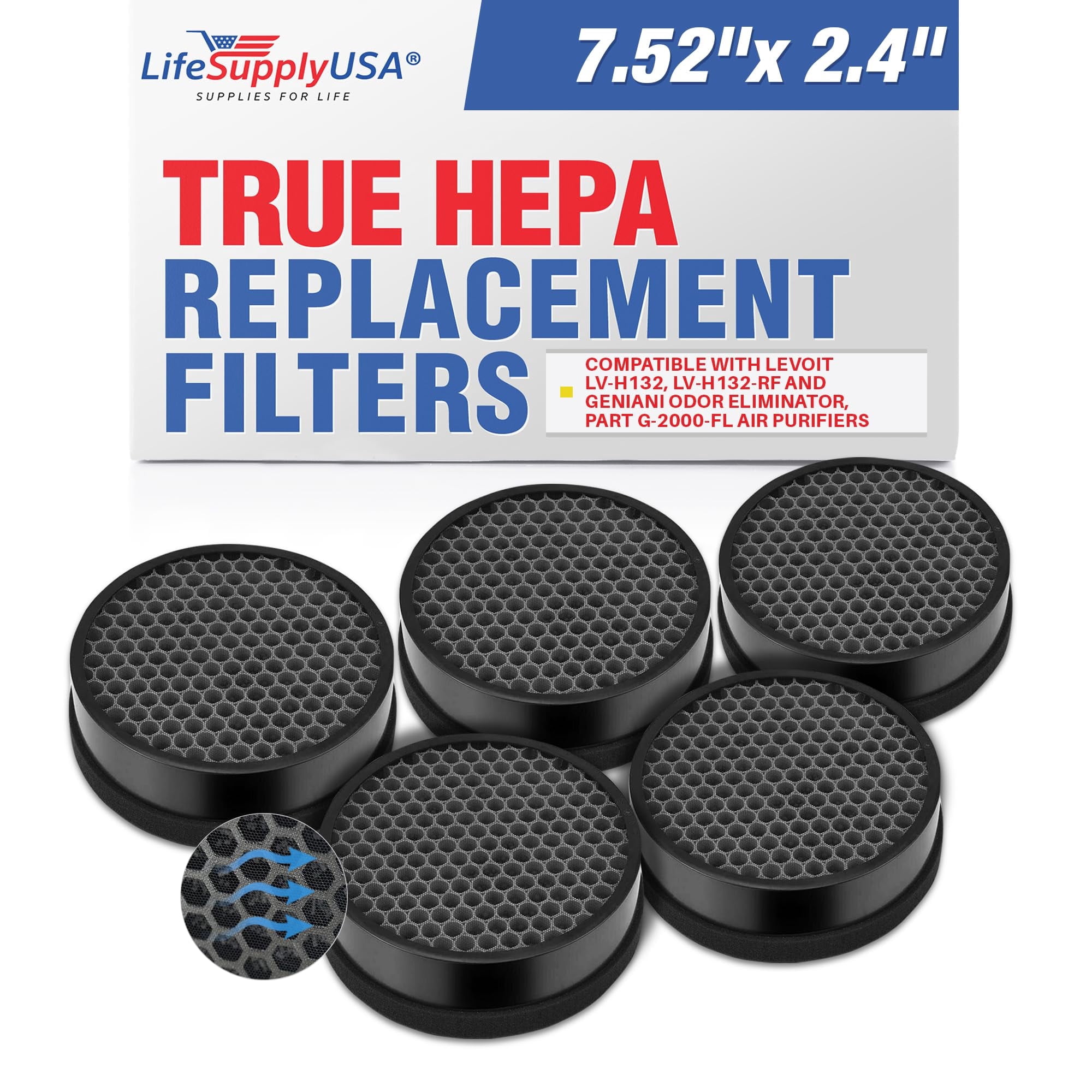 LifeSupplyUSA 2-in-1 True HEPA Air Cleaner Replacement Filter + Activated Carbon Charcoal Compatible with Levoit LV-H132, LV-H132-RF and Geniani Odor Eliminator, Part G-2000-FL Air Purifiers (3-Pack)