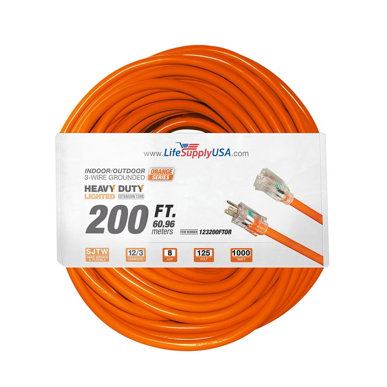 LifeSupplyUSA 200ft Outdoor/Indoor 12-Gauge Extension Cord, SJTW, Lighted  End, 8AMP, 125V, 1000W