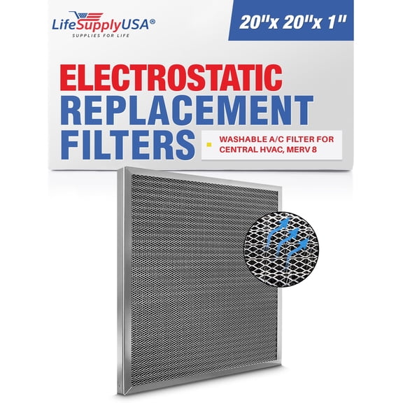 LifeSupplyUSA (20x20x1) Aluminum Electrostatic Air Filter Replacement Washable Air Purifier A/C Filter for Central HVAC, MERV 8, Energy Saving, Easy to Clean, Long-Lasting (1-Pack)