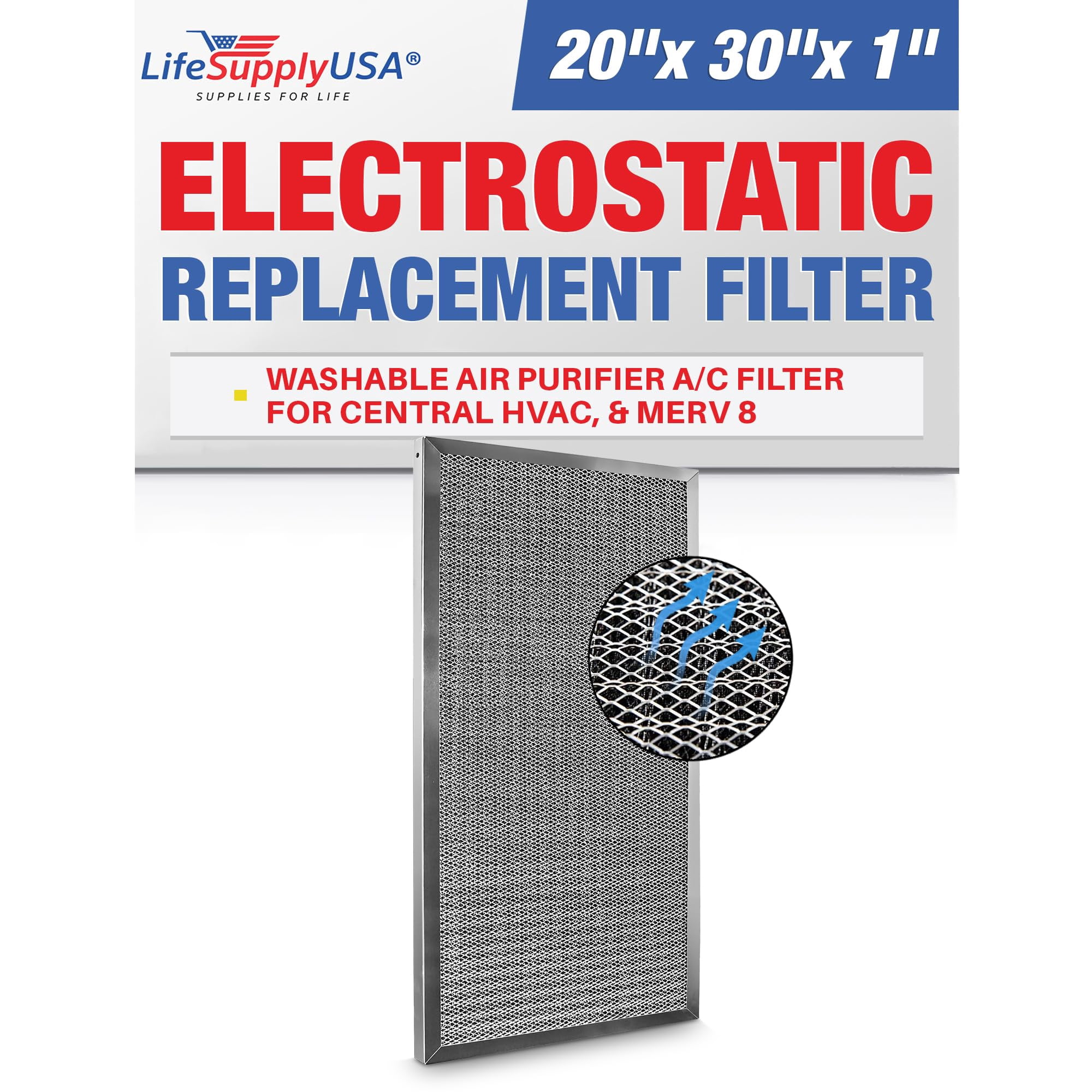 LifeSupplyUSA 20x30x1 Electrostatic Air Filter, MERV 8, Washable, Reusable Furnace AC/HVAC Filter, Energy Saving, Easy to Clean, Long-Lasting