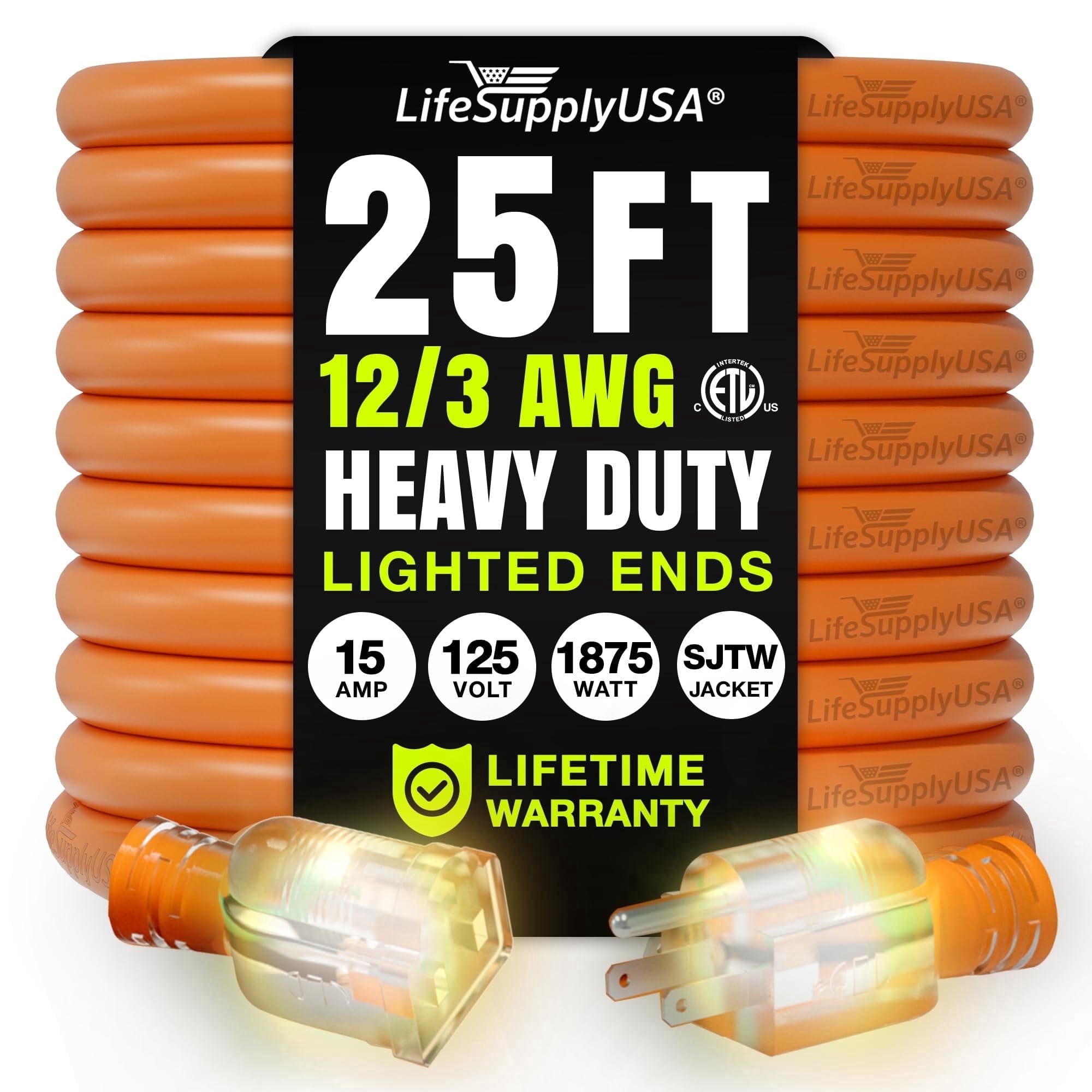 LifeSupplyUSA 25FT 12 Gauge Orange 3 Prong SJTW Heavy Duty Extension Cord