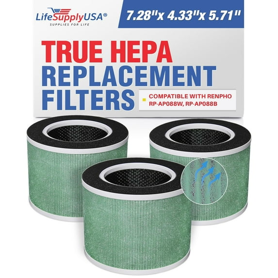 LifeSupplyUSA 4-in-1 True HEPA Air Cleaner Replacement Filter + Pre-Filter + Carbon Filter + Net Compatible with Renpho RP-AP088W, RP-AP088B Air Purifiers (3-Pack)