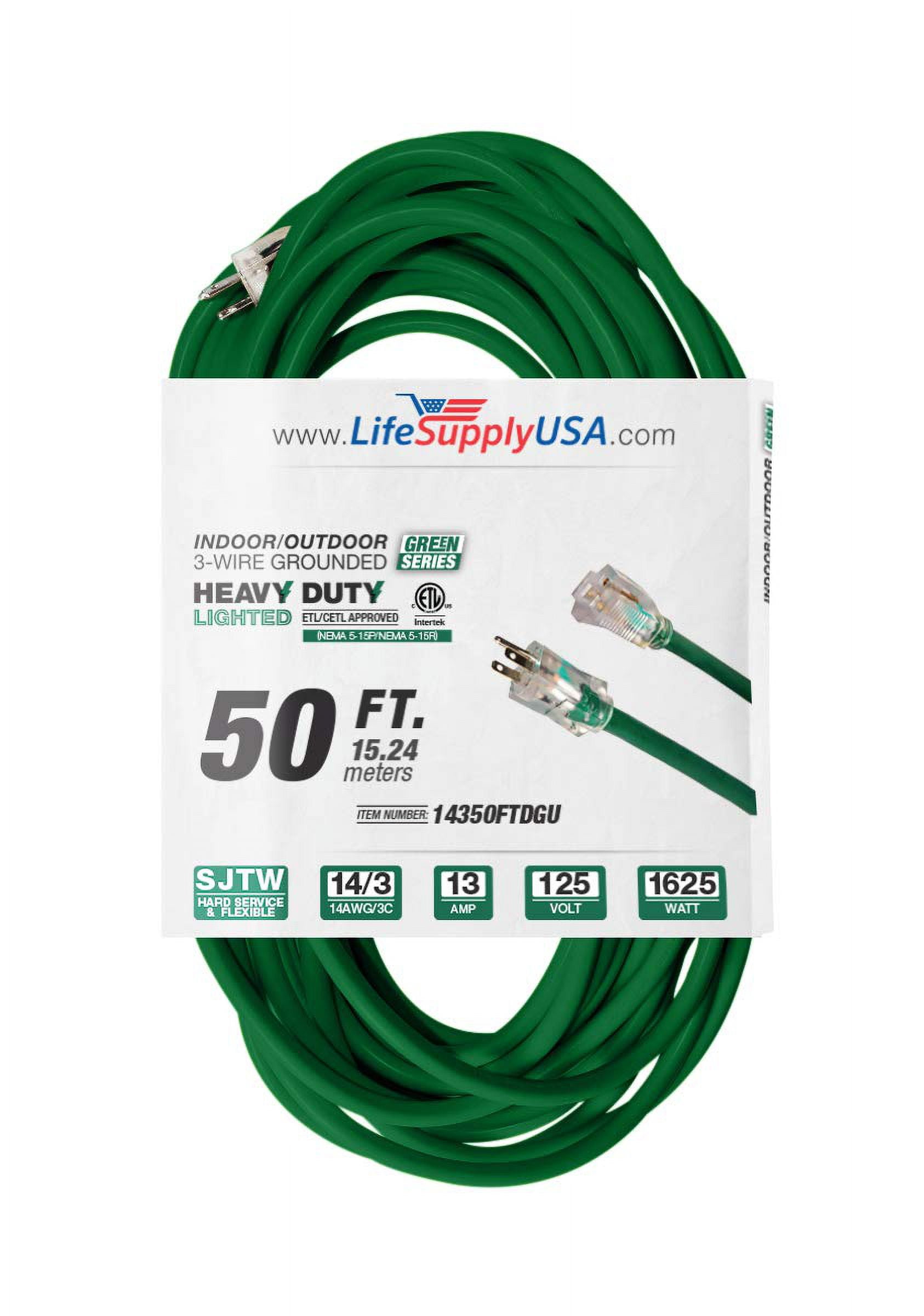 LifeSupplyUSA 50ft 14/3 SJTW Extension Cord, Green, Lighted End, Indoor