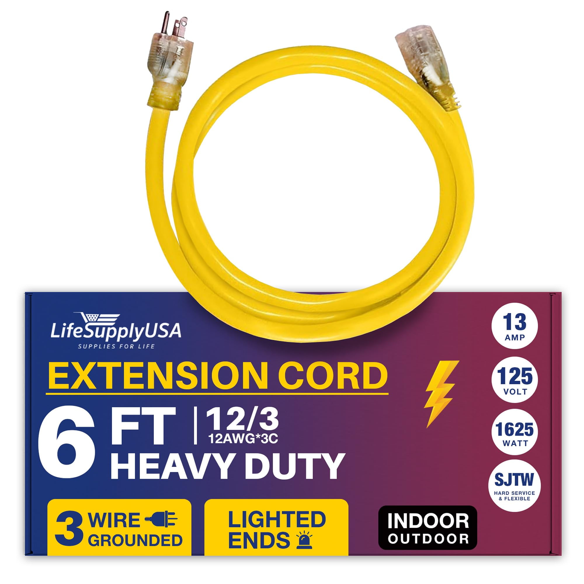 LifeSupplyUSA 6ft 12 Gauge Yellow 1 Outlet Heavy Duty Extension Cord