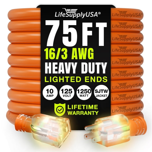 75ft Power Outdoor Extension Cord & Indoor - Waterproof Electric Drop Cord Cable - 3 Prong SJTW, 16 Gauge, 10 AMP, 125 Volts, 1250 Watts, 16/3 by LifeSupplyUSA - Orange (1 Pack)