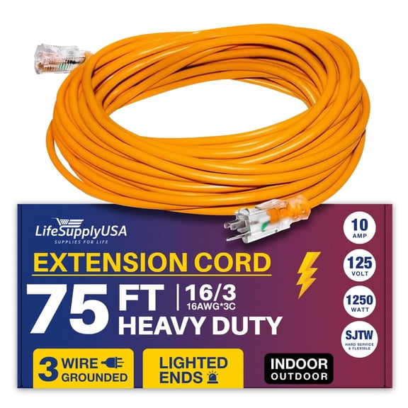 75ft Power Outdoor Extension Cord & Indoor - Waterproof Electric Drop Cord Cable - 3 Prong SJTW, 16 Gauge, 10 AMP, 125 Volts, 1250 Watts, 16/3 by LifeSupplyUSA - Orange (1 Pack)