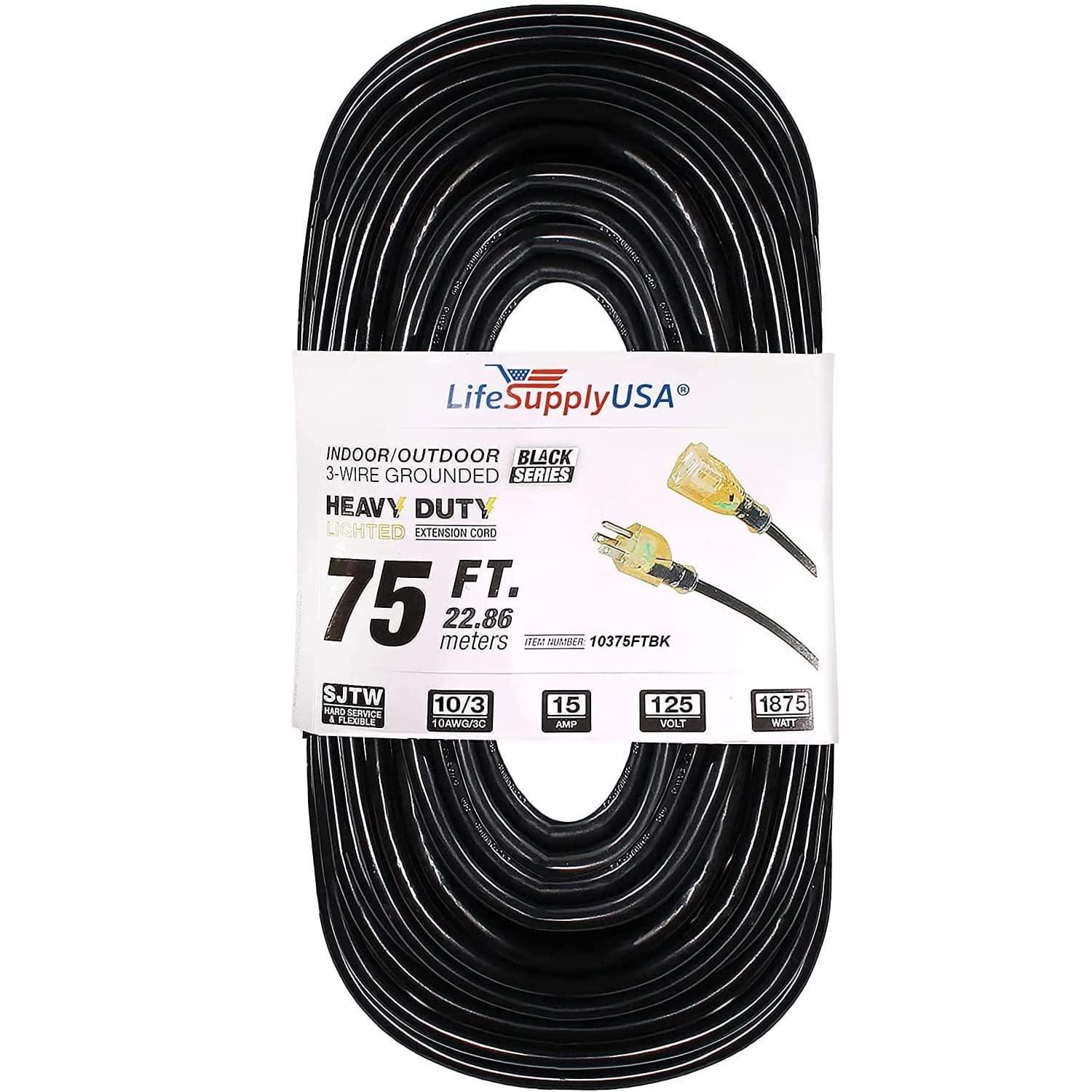 LifeSupplyUSA 75ft Power Extension Cord in/Outdoor Heavy Duty 10Gauge