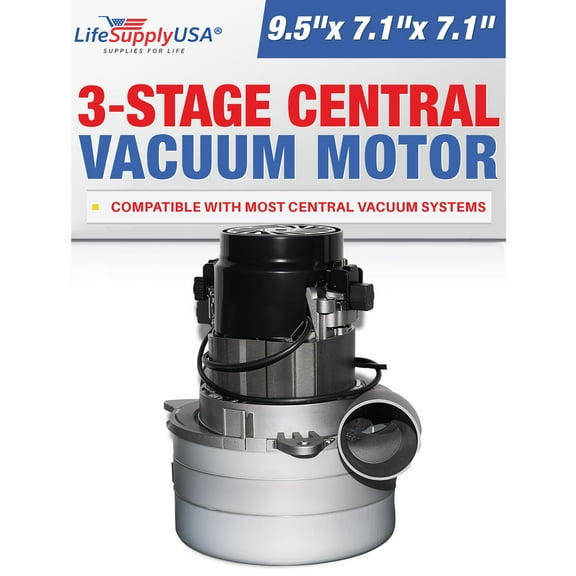 LifeSupplyUSA Central Vacuum 3 Stage Motor Replacement, 120V, 1200 Watt High Suction Tangential Bypass Discharge Blower Horn with Wires