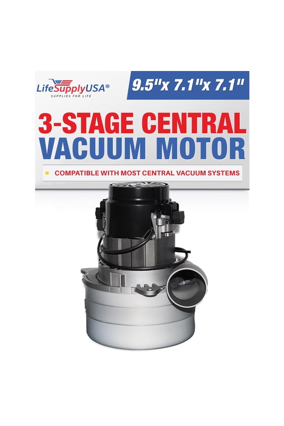Central Vacuum 3 Stage Motor Replacement, 120V, 1200 Watt High Suction Tangential Bypass Discharge Blower Horn with Wires