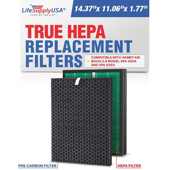 LifeSupplyUSA Complete Replacement Filter Set (1 True HEPA Air Cleaner Filter + 1 Carbon Filter) Compatible with RabbitAir BioGS 2.0 Ultra Quiet SPA-550A and SPA-625A Air Purifiers