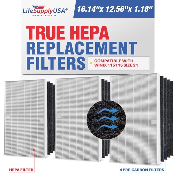 115115 3 HEPA Filter A Replacement + 8 Carbon Pre-Filters for C535, 5300, 5300-2, 5500, 5500-2, 6300, 6300-2, P300, AM90, C909, 9800 For Winix Air Purifier Filter Replacement Size 21 by LifeSupplyUSA