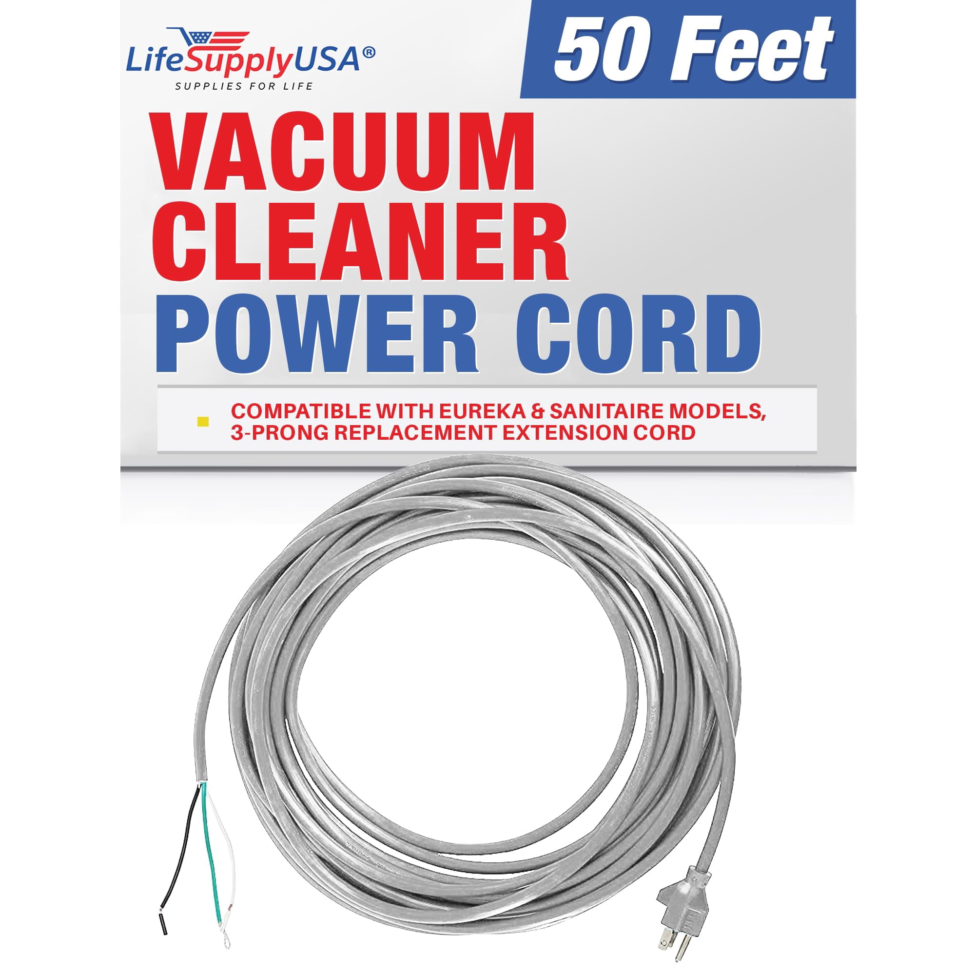 LifeSupplyUSA Heavy Duty 50ft Vacuum Power Cord, 18/3 SJT Cable, Compatible with Eureka & Sanitaire Models, 3-Prong Replacement Extension Cord for Professional Home Improvement (Gray)