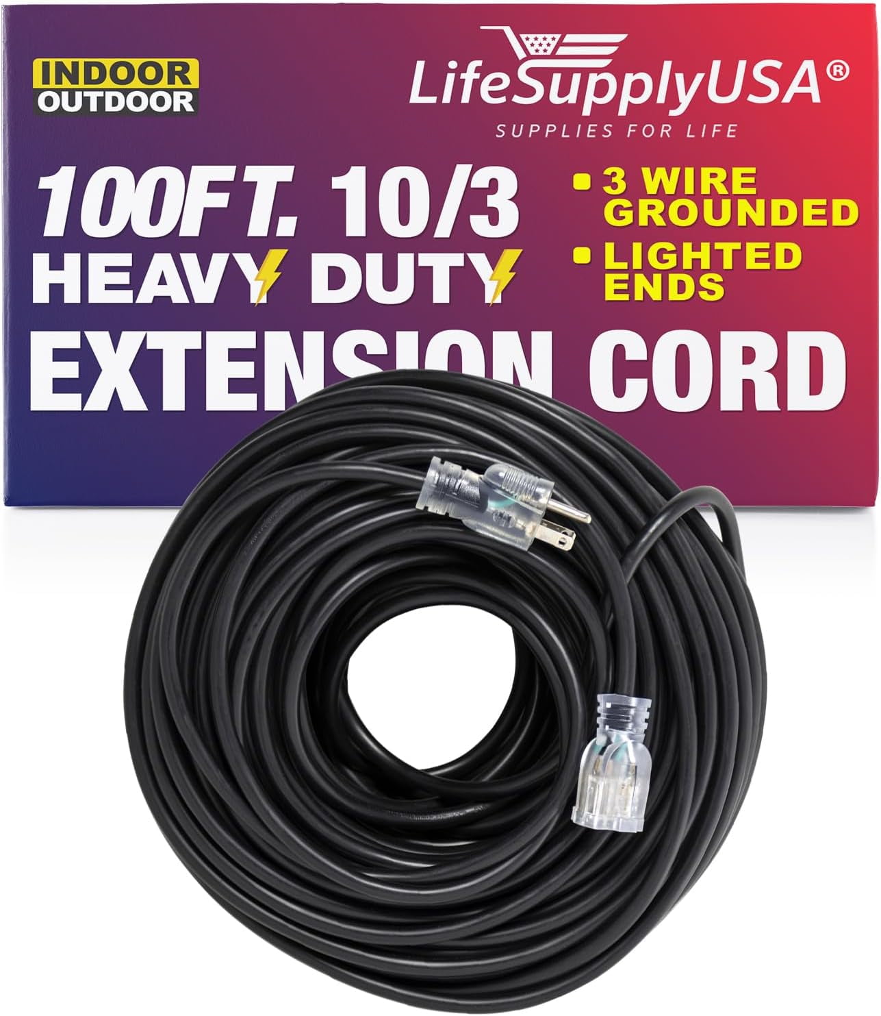 LifeSupplyUSA Indoor Outdoor Extension Cord - 100 ft Long Power Extension  Cable with Multiple Outlets, Lighted End - Heavy Duty 3 Prong, 15 AMP 125  Volts 1875 Watts, SJTW Weatherproof (Black) (1 Pack) 