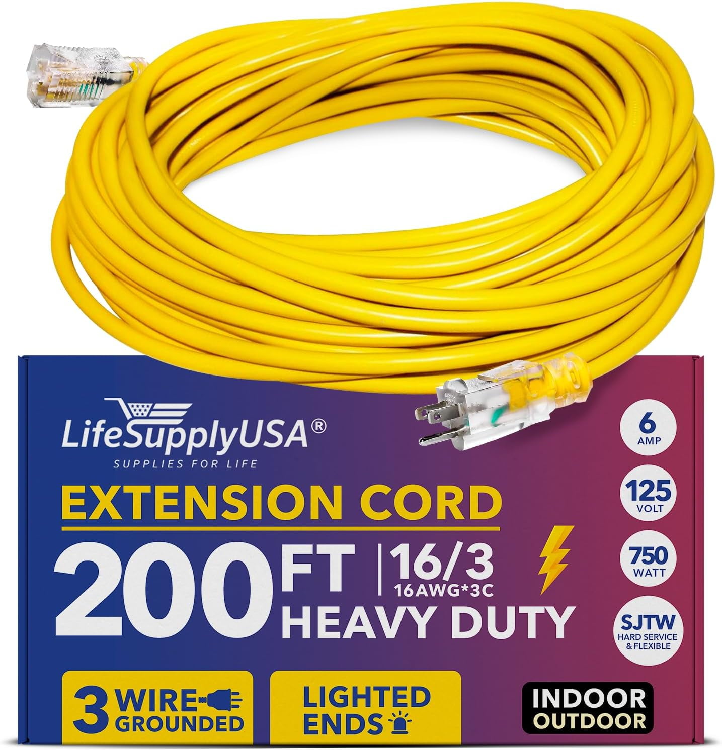 LifeSupplyUSA Indoor Outdoor Extension Cord 200 ft Long Power