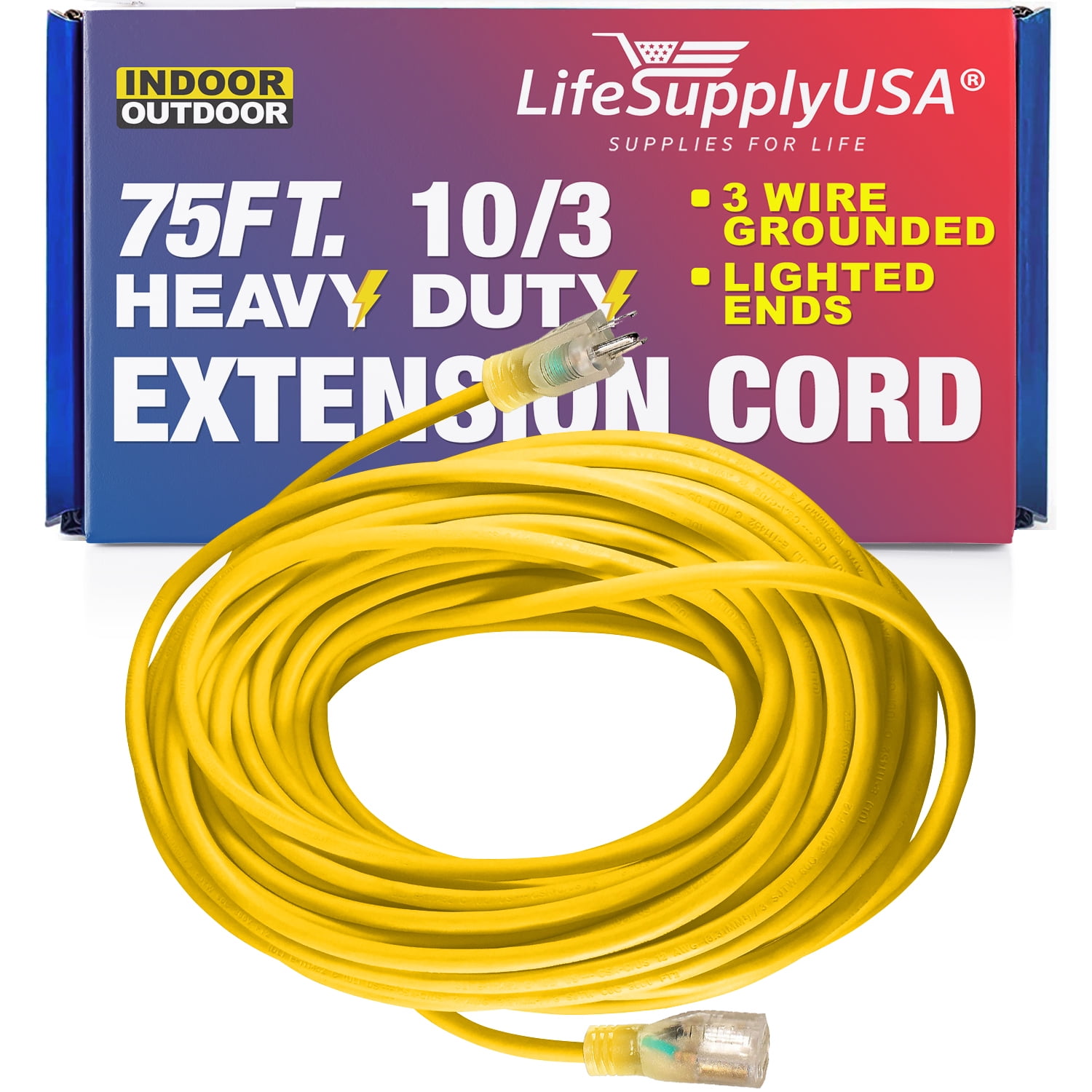 LifeSupplyUSA Outdoor/Indoor 10/3 Extension Cord 75ft, 15A, 125V, Yellow 