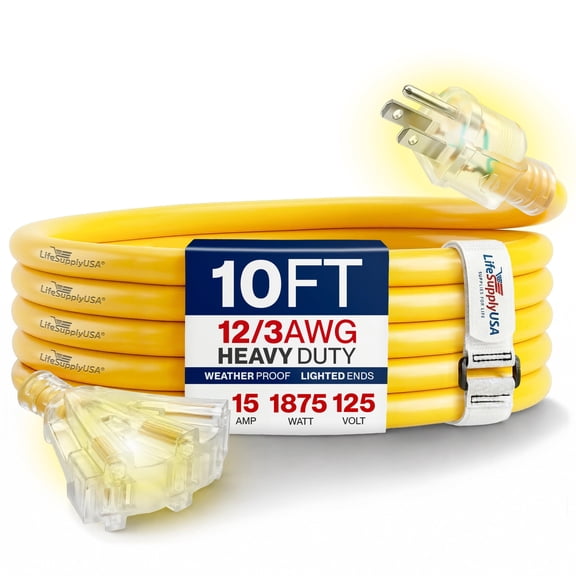 10ft Outdoor/Indoor Extension Cord 3-Outlet 12/3 Gauge Extra Heavy Duty 3 Prong SJTW, Waterproof, Flexible Cold-Resistant Long Power Cord,15A 125V 1875W, Yellow by LifeSupplyUSA