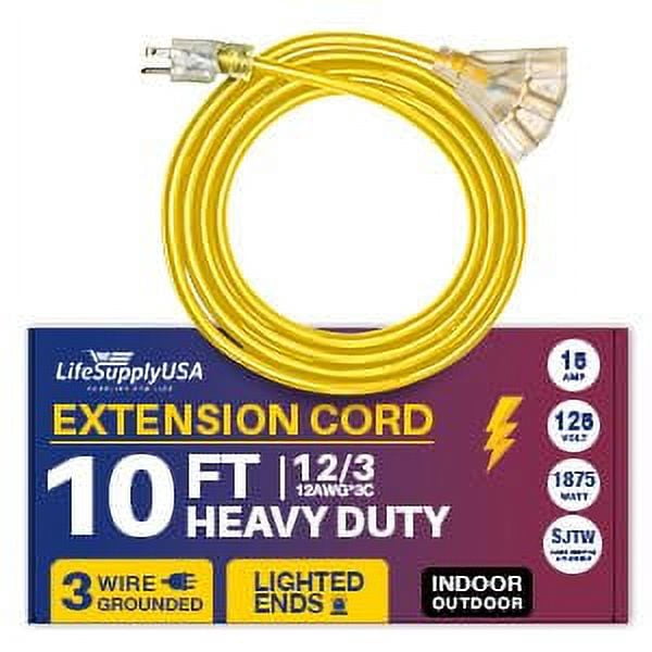 10ft Outdoor/Indoor Extension Cord 3-Outlet 12/3 Gauge Extra Heavy Duty 3 Prong SJTW, Waterproof, Flexible Cold-Resistant Long Power Cord,15A 125V 1875W, Yellow by LifeSupplyUSA