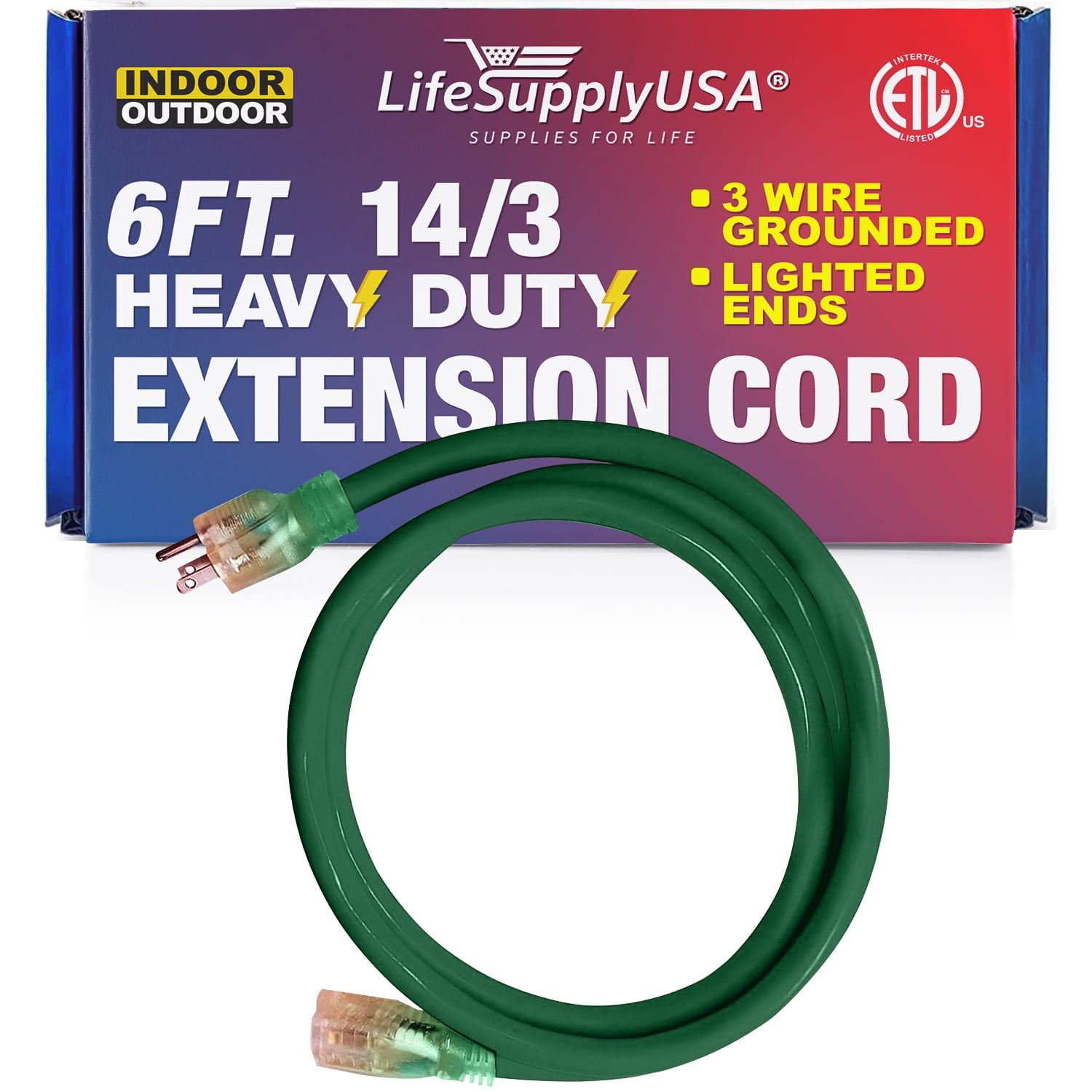 LifeSupplyUSA Power Extension Cord Outdoor/Indoor 14 Gauge/3 Prong 15 Amps 125 Volts 6 ft, Green