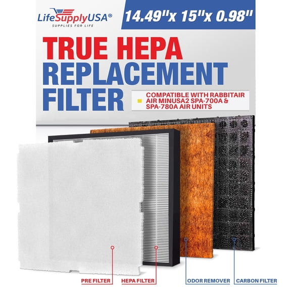 LifeSupplyUSA Set of 4 Replacement Filter Kit Compatible with RabbitAir Air MinusA2 SPA-700A & SPA-780A Air Units (Pre-Filter, Carbon, HEPA, and Odor remover)