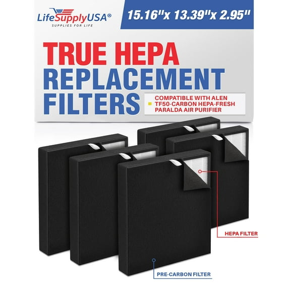 LifeSupplyUSA True HEPA Filter Replacement Compatible with Alen TF50-Carbon HEPA-Fresh Paralda Air Purifier (5-Pack)