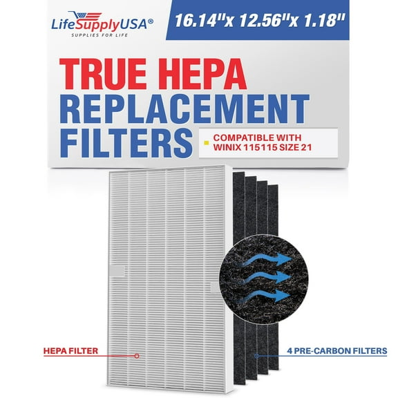 LifeSupplyUSA True HEPA Plus 4 Carbon Replacement Filters for Winix 115115 Size 21