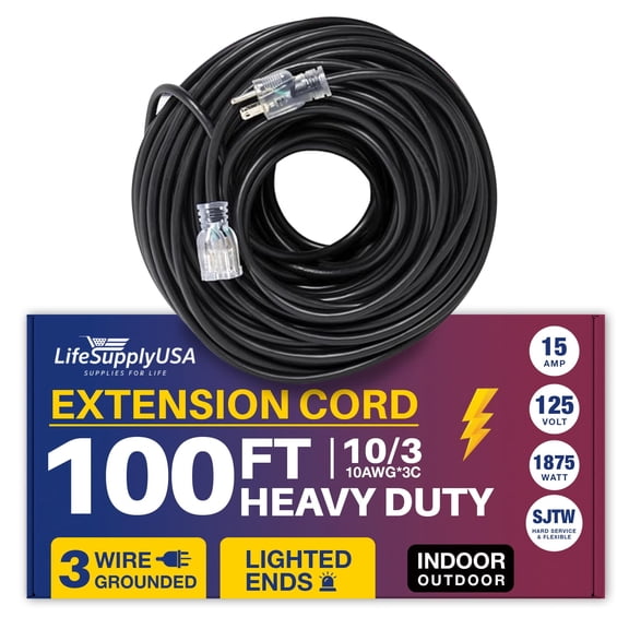 LifeSupplyUSA 100ft Power Extension Cord, Waterproof Electric Drop, 15 AMP, 125 V, 1875 W
