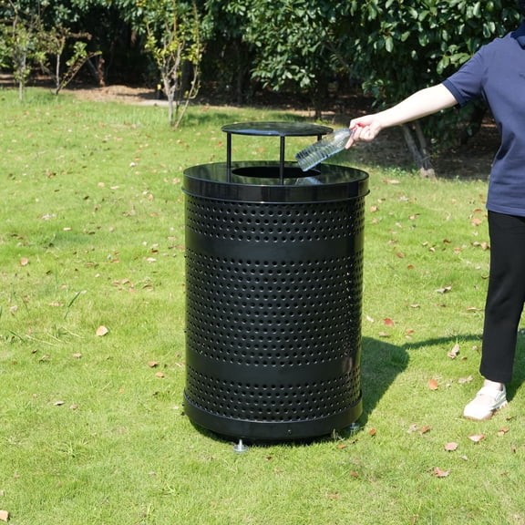 LifeYard 32 Gallon Perforated Outdoor Trash Can with Rain Bonnet Lid, Thermoplastic Coating, Black