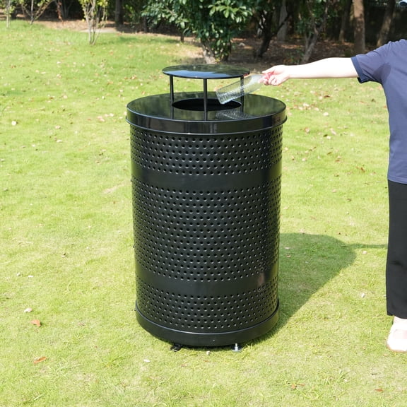 LifeYard 55 Gallon Perforated Outdoor Trash Can with Rain Bonnet Lid, Thermoplastic Coating, Black