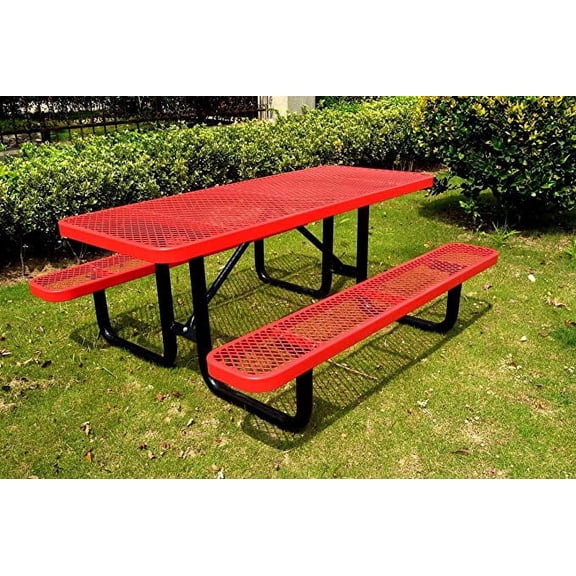 LifeYard 8' Rectangular Metal Picnic Table, 96" L x 62" W, Expanded Metal, (Red)
