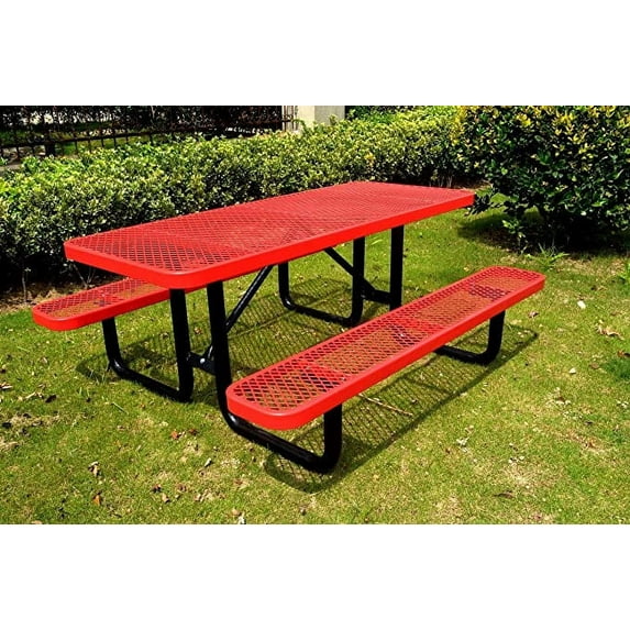 LifeYard 8' Rectangular Metal Picnic Table, 96" L x 62" W, Expanded Metal, (Red)