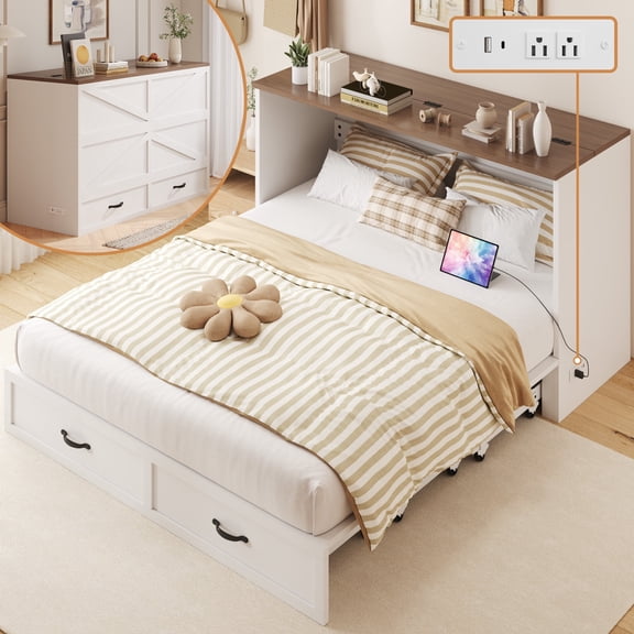 Lifezone Murphy Bed Queen Chest with USB Charging Station, Space-Saving Design, No Box Spring Needed, White