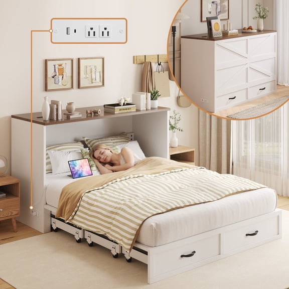 Lifezone Queen Size Murphy Chest Bed with Storage Drawers & USB Charging Station, White