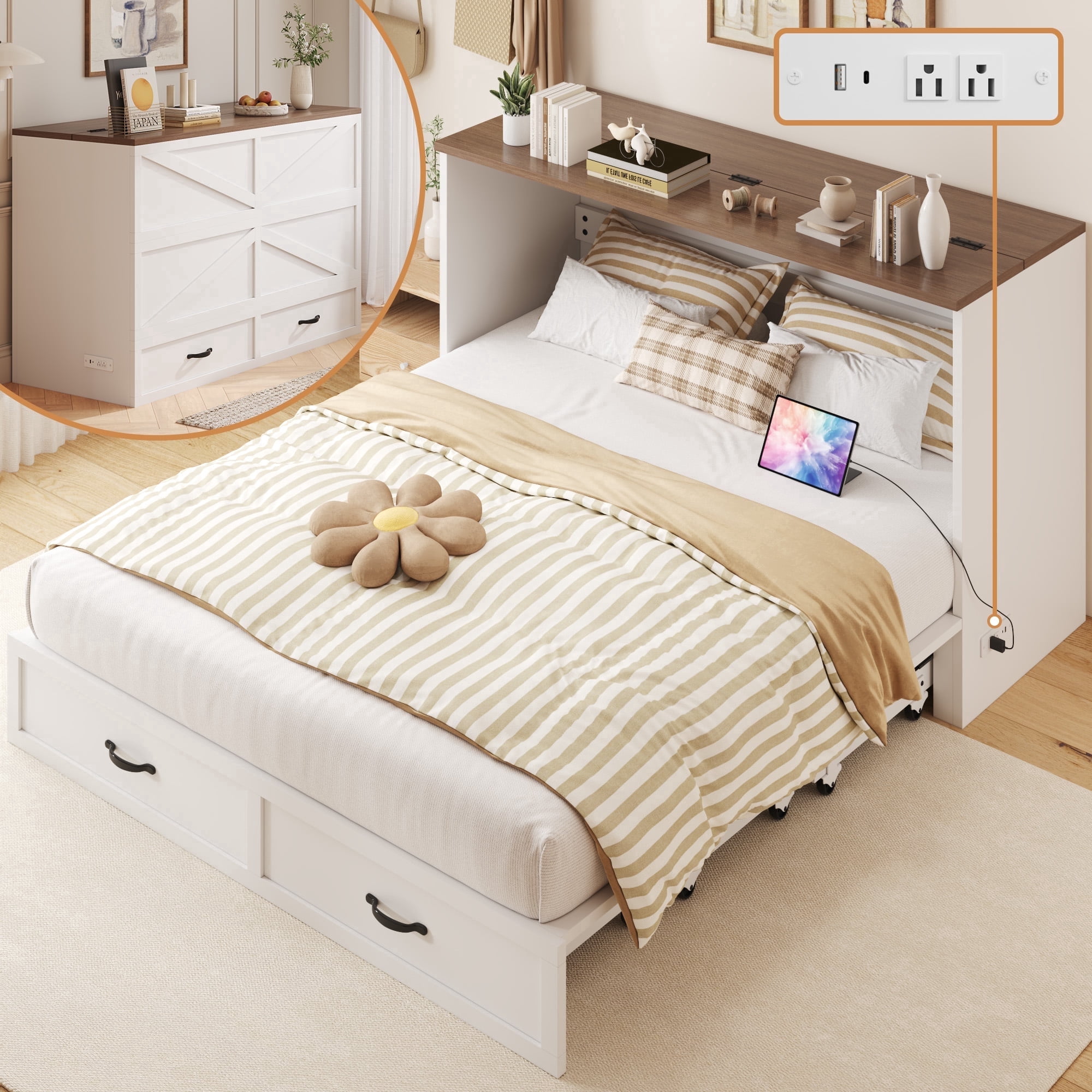 Lifezone Murphy Bed Frame with Charging Station, Convertible Chest Bed Cabinet, Space-Saving Design for Small Living Spaces