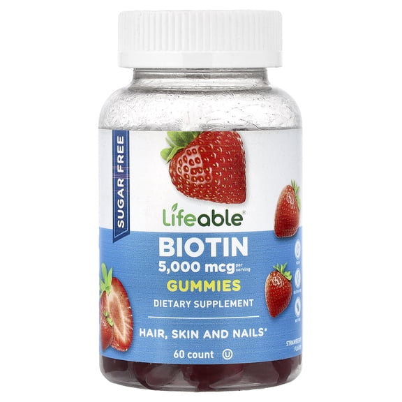 Lifeable Biotin Gummies, Sugar Free, Natural Raspberry, 60 Gummies (2,500 mcg per Gummy)