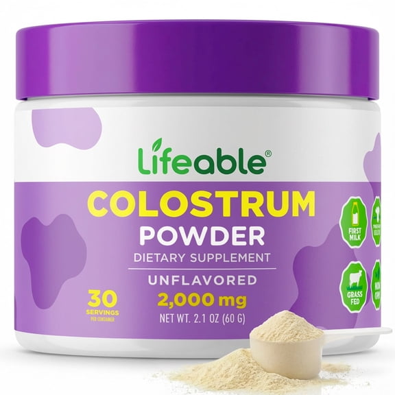 Lifeable Bovine Colostrum Powder | 2000mg First Milking Grass Fed | 30% IgG | Unflavored Cow Colostrum | for Immune Health & Gut Health | 30 Servings