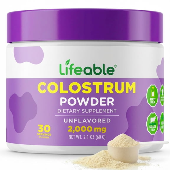 Lifeable Bovine Colostrum Powder | 2000mg First Milking Grass Fed | 30% IgG | Unflavored Cow Colostrum | for Immune Health & Gut health | 30 Servings