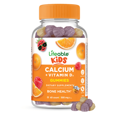 Lifeable Calcium 500mg with Vitamin D3 1000 IU Supplements Kids, for Bone, Growth, Teeth, 60 Gummies