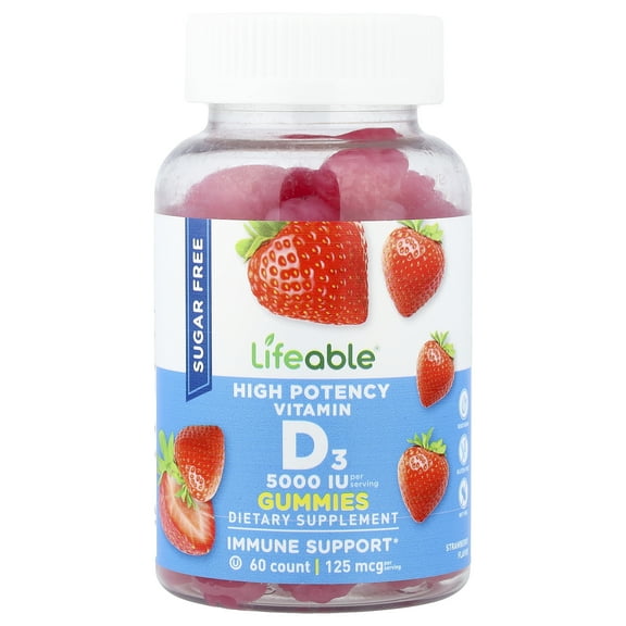 Lifeable High Potency Vitamin D3 Gummies, Sugar Free, Natural Berry, 125 mcg (5,000 IU), 60 Gummies